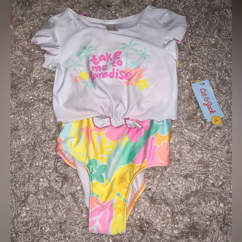 Cat & Jack Multicolor One-Piece Swimsuit w/ Cover up Shirt size S (6/7) NWT